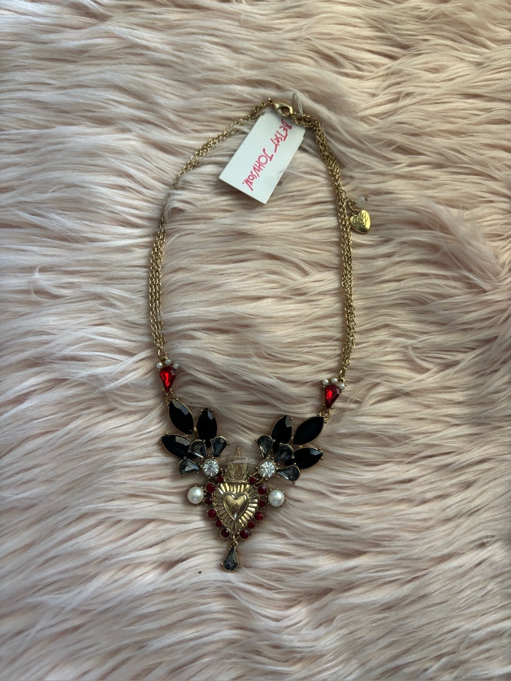 Betsey Johnson Gold-Tone Heart Necklace with Black, Red and Pearl Accents